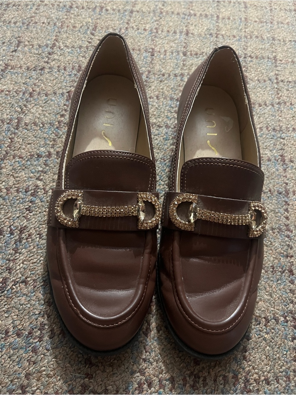 Unisa Brown Leather Loafers with Crystal Buckle